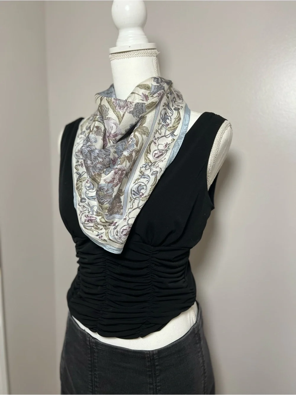 Vintage 1980s–90s 100% Silk Square Scarf Floral Pastel Blue Festival Cottagecore